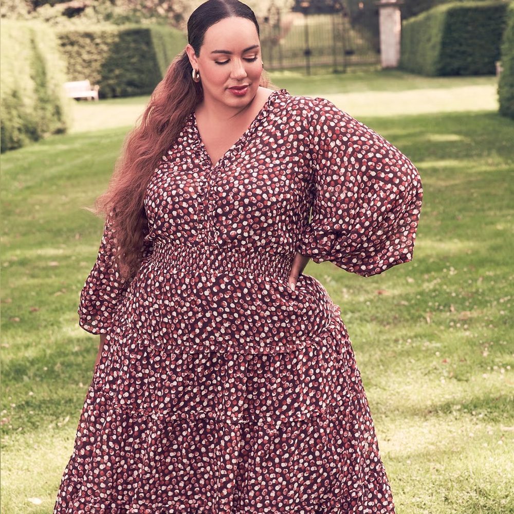 Eloquii Tiered Ruffle Midi Dress Long Sleeve V-Neck Burgundy Polka Dot Size 14
